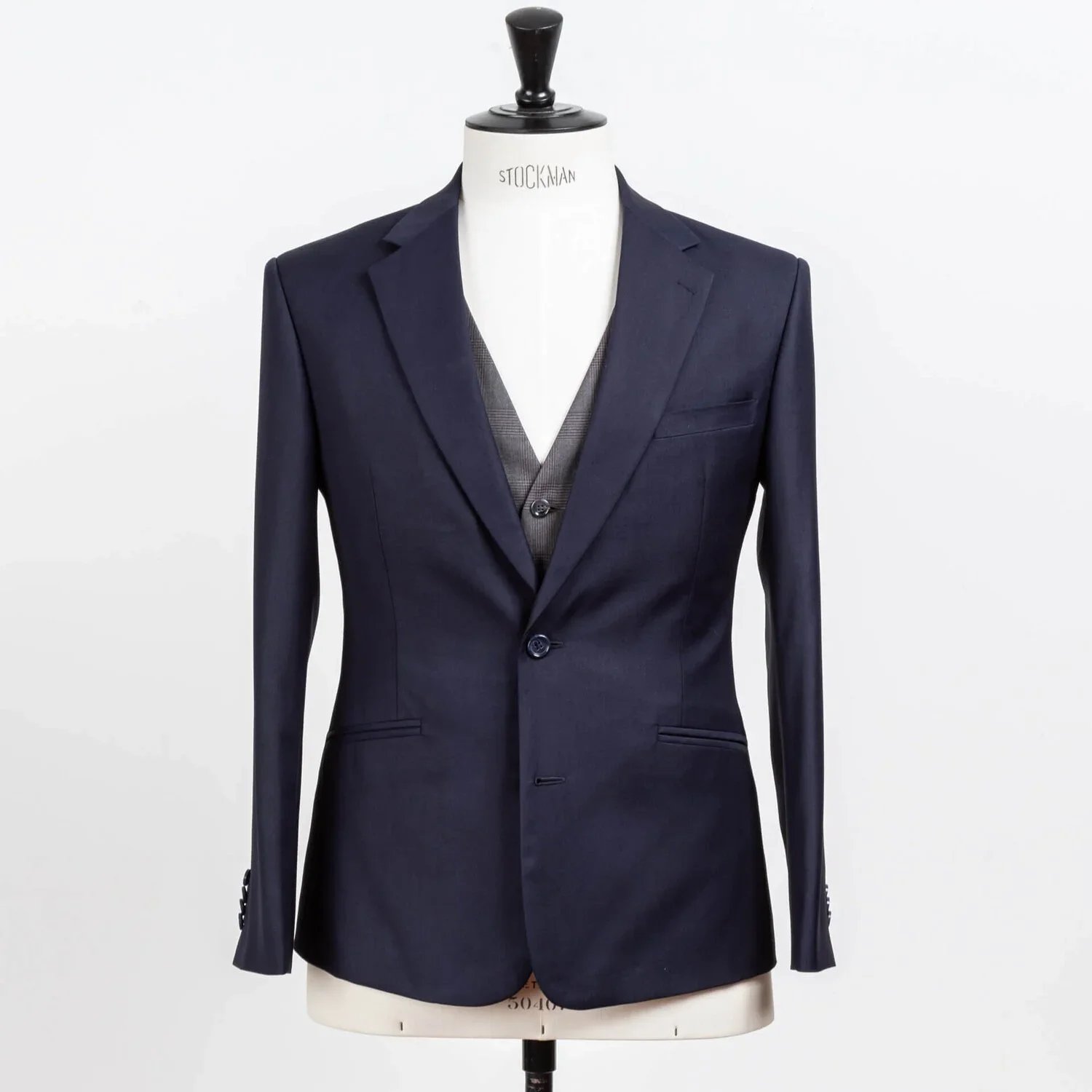 Dark blue wedding suit men three-piece with grey vest with chest pockets - classic bespoke groom suit Amsterdam