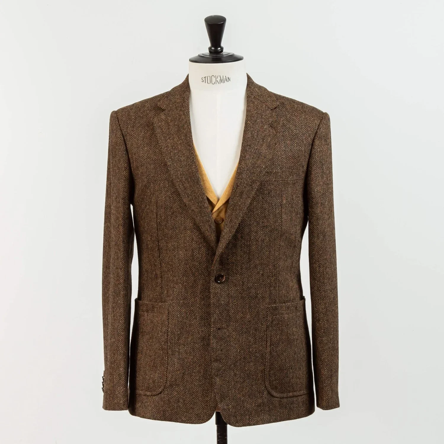 Brown tweed wedding suit men with herringbone pattern and yellow vest - autumn bespoke groom suit Amsterdam