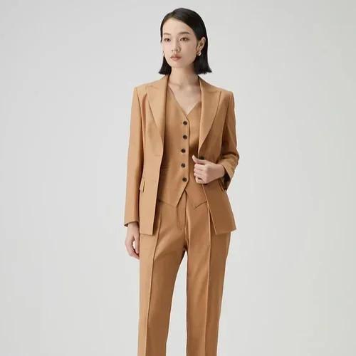 Camel three-piece bespoke suit women - pantsuit with vest