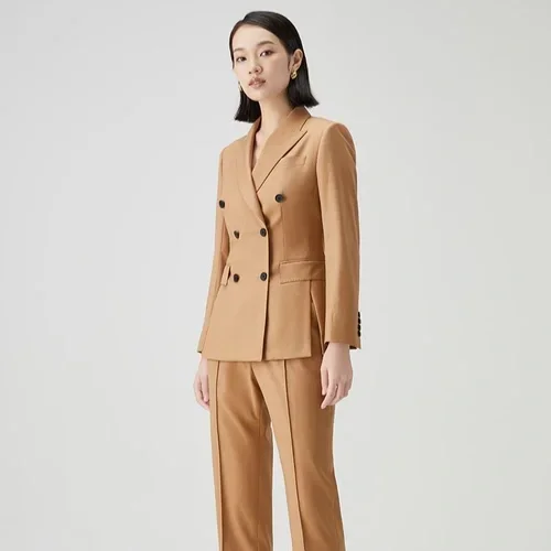 Camel women's suit - double breasted timeless pantsuit
