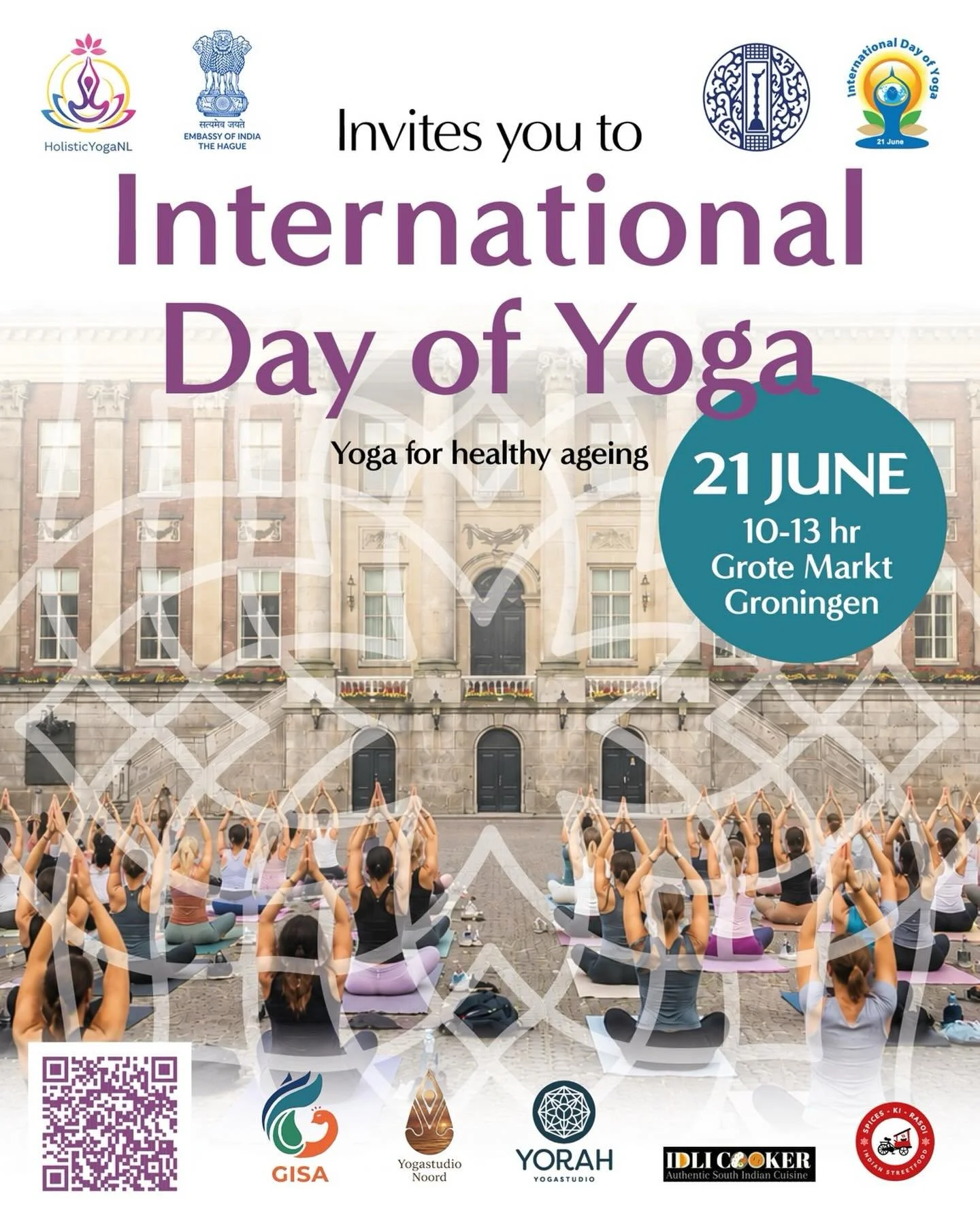 International Yoga Day &ndash; Grote Markt Groningen 🧘&zwj;♀️

Vier International Yoga Day met ons op de Grote Markt in Groningen. Het evenement is gratis. Meld je aan via yorah.nl/rooster

Draag bij voorkeur witte of oranje kleding. Deze kleuren st