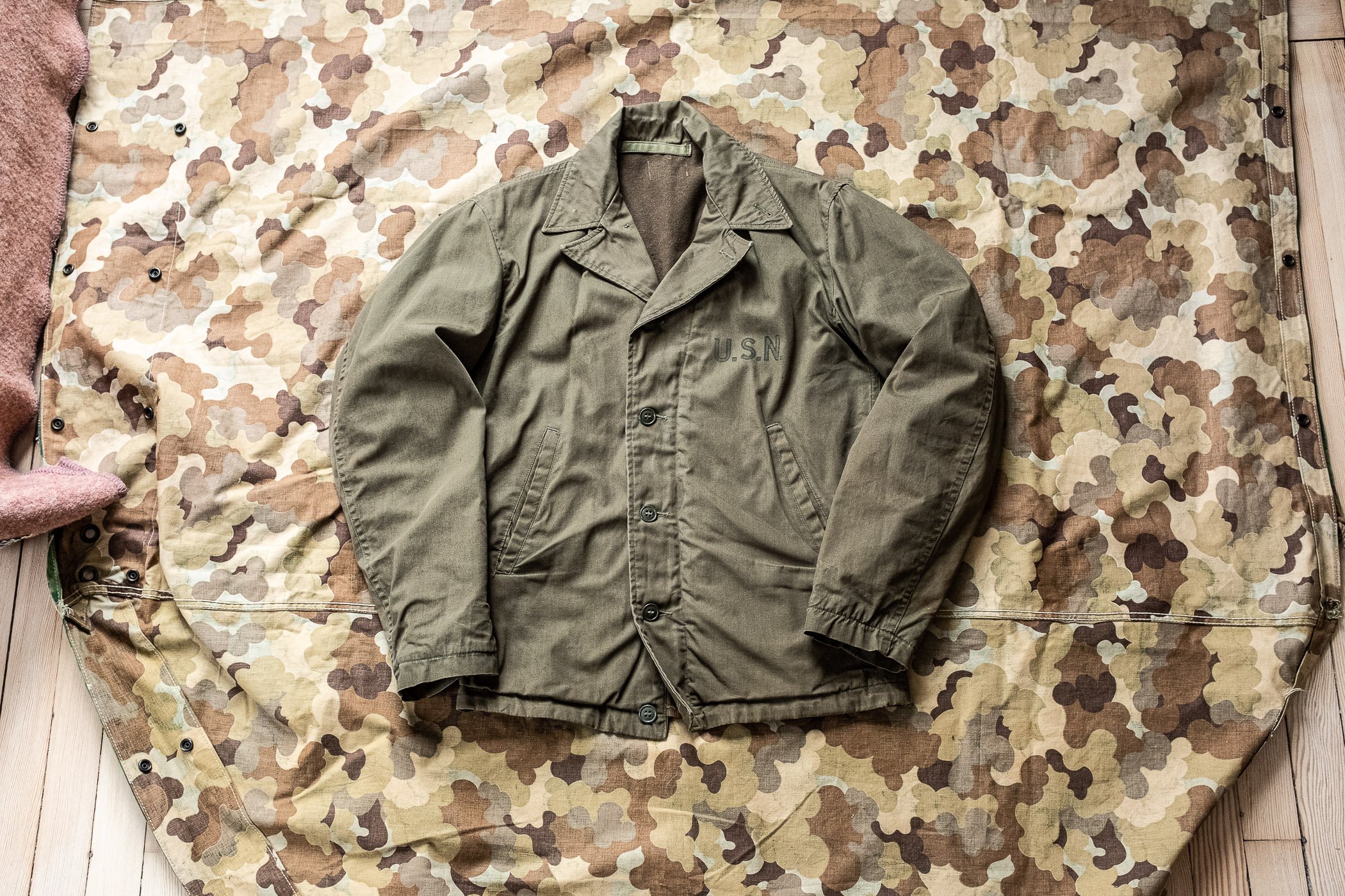 ww2 n-1 seabees 1st pattern n-4 hook front deck jacket blue jungle cloth