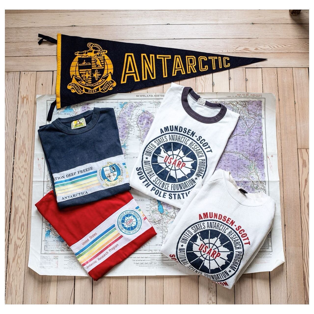 For Sale. An assortment of original and very rare vintage printed USARP (US Antarctic Research Program) shirts. These shirts were made available to US Military and Scientific personnel serving in Antarctica during the 60&rsquo;s-80&rsquo;s during the