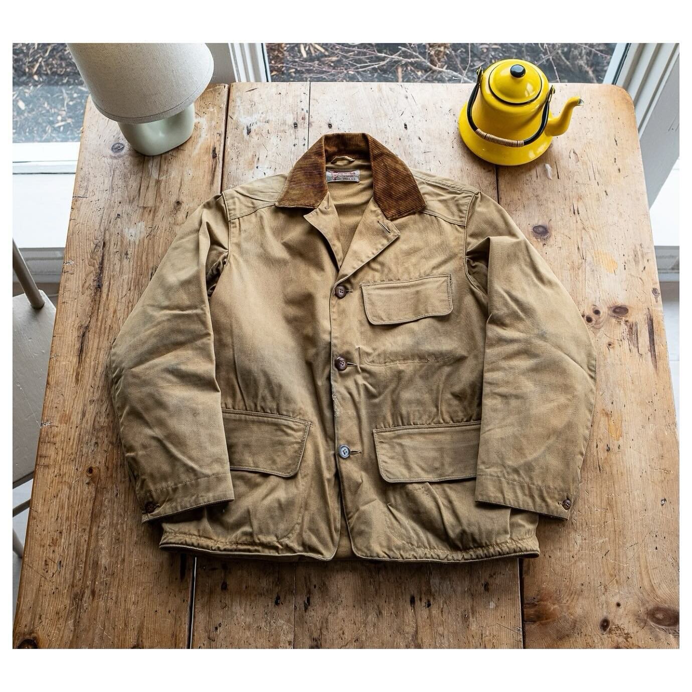 For Sale. Vintage hunting jackets are underrated. 

This gorgeous 1940&rsquo;s-50&rsquo;s DUXBAK canvas hunting jacket is available at Saundersmilitaria.com

So lightly worn that it still has the original cardboard tag under the collar.