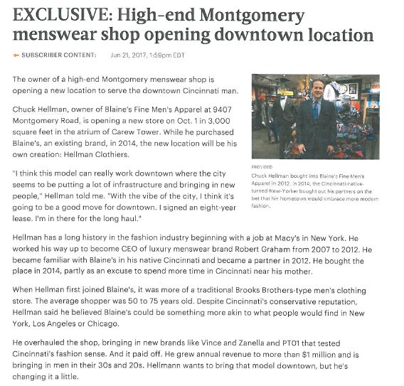 Cincinnati Business Courier - Hellman Clothiers Grand Opening
