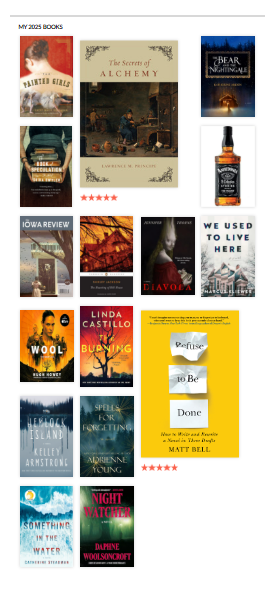 Preview of my Goodreads list of books read in 2025; a screenshot of various covers of books including The Secrets of Alchemy, the Bear and the Nightingale, Diavola, Wool, Spells for Forgetting, and more