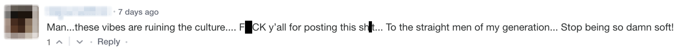 Comment: Man… these vibes are ruining the culture… F*CK y’all for posting this sh*t… To the straight men of my generation… Stop being so damn soft!