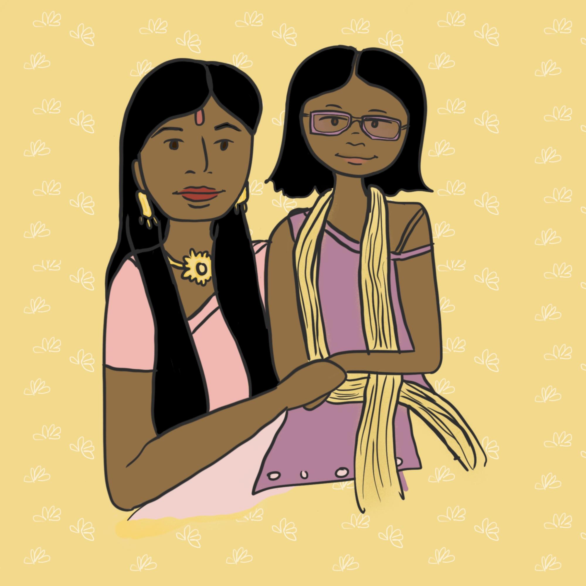 Illustration of Indian mother and daughter holding hands.