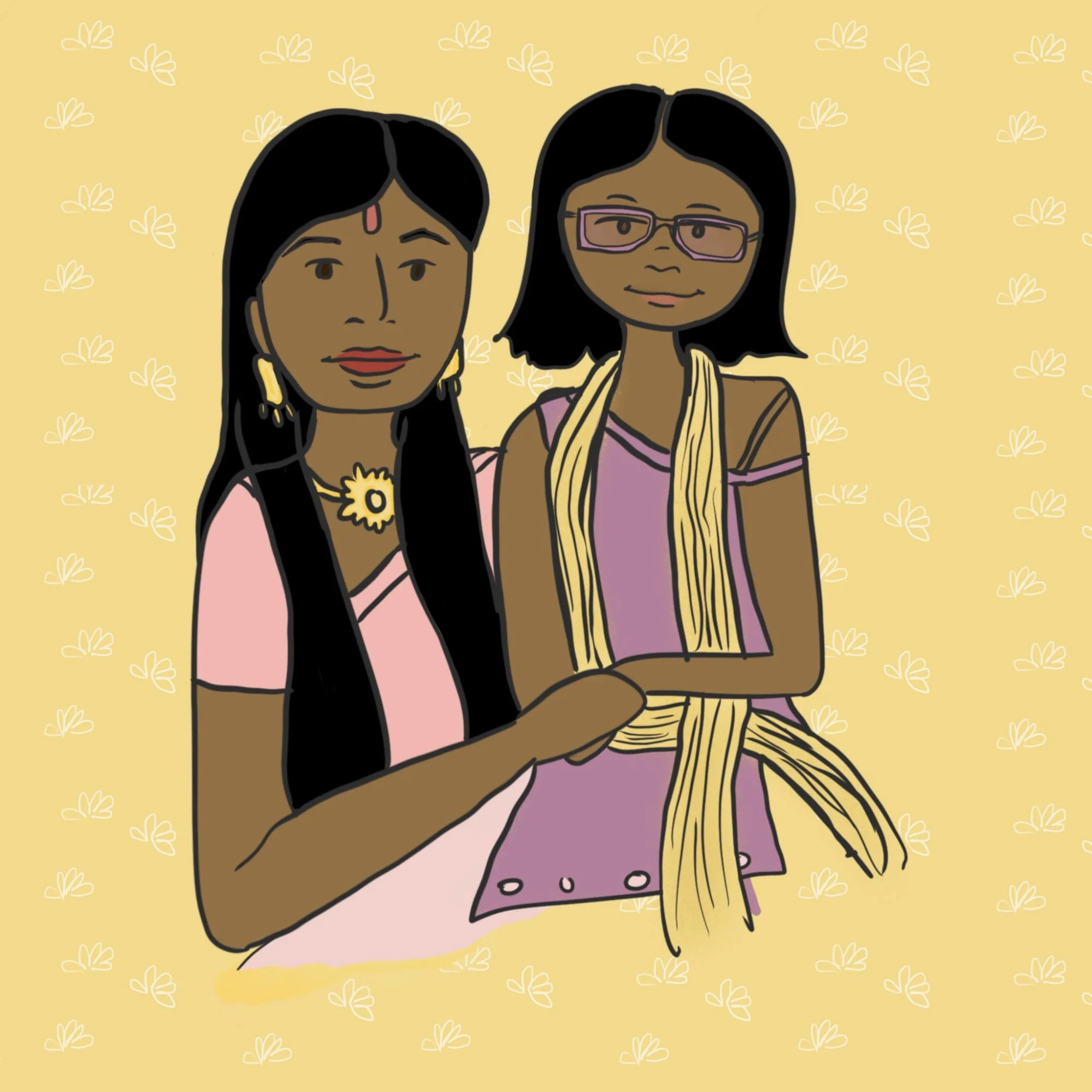 Illustration of Indian mother and daughter holding hands.