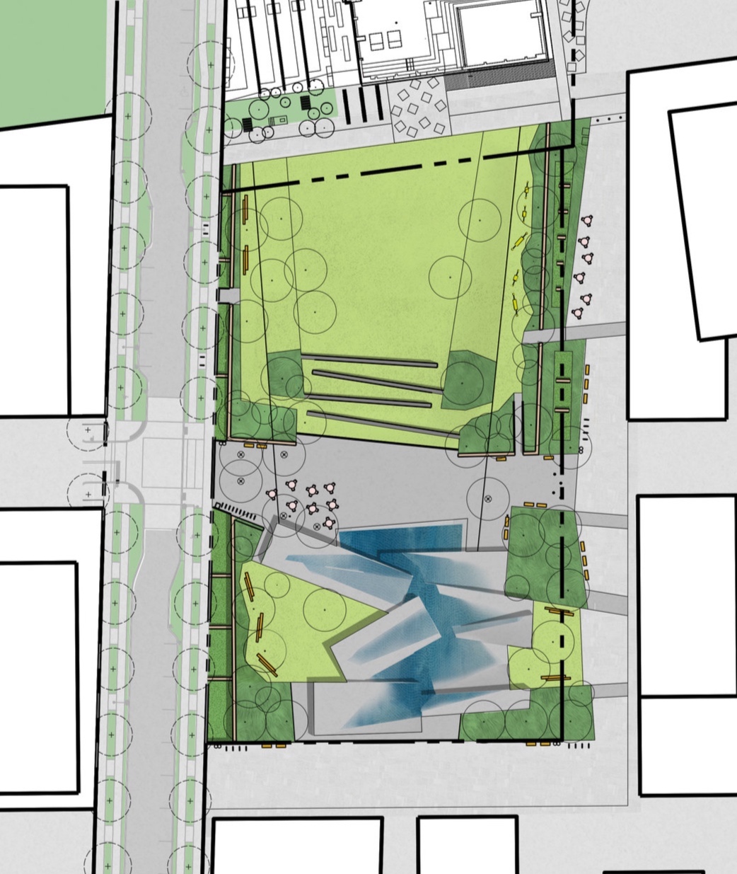 Illustrative site plan of the Plaza by Gustafson Guthrie Nichol (GGN), May 2019.