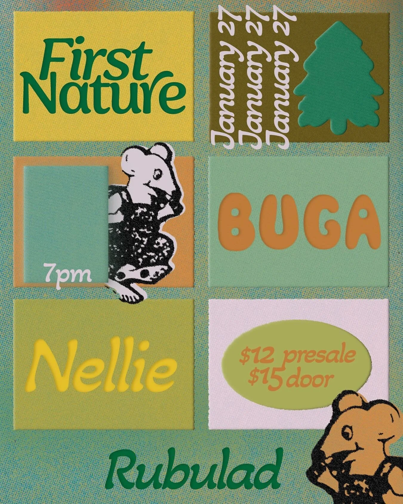 We&rsquo;re back. January 27th, 7pm at Rubulad - buy your tickets to unlock the super secret address. Get ready to yeehaw, scream, and probably cry with First Nature, and our buds @bugaband and @nellie.mp3 - you don&rsquo;t wanna miss this one. 🌲🌿
