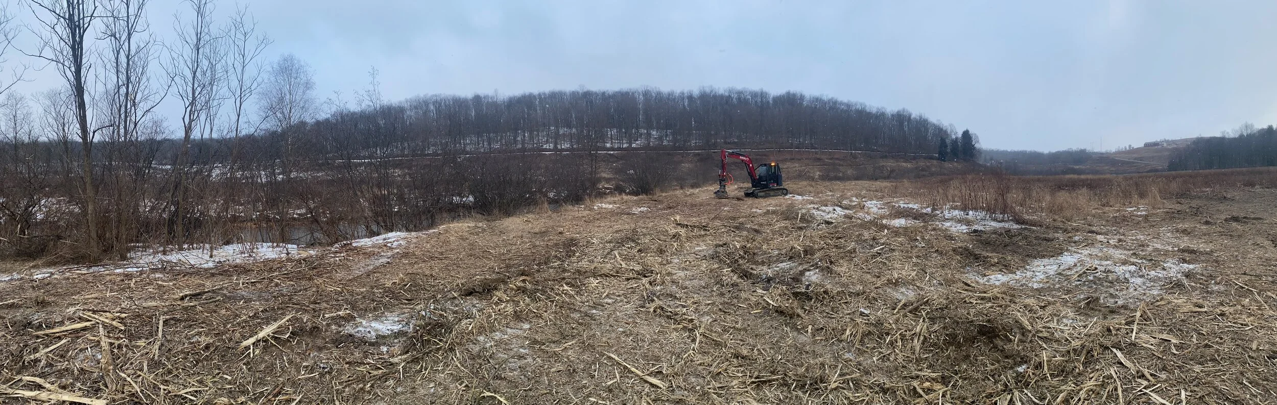 Excavator mulching woody vegetation in the previous footprint of Lake Conemaugh