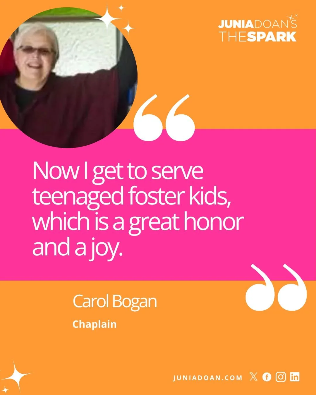 &ldquo;Now I get to serve teenaged foster kids, which is a great honor and a joy.&rdquo; Chaplain Carol Bogan&rsquo;s interview is a timeless reminder to be supportive and caring of others in your community. We discuss her chaplain work and the wide 
