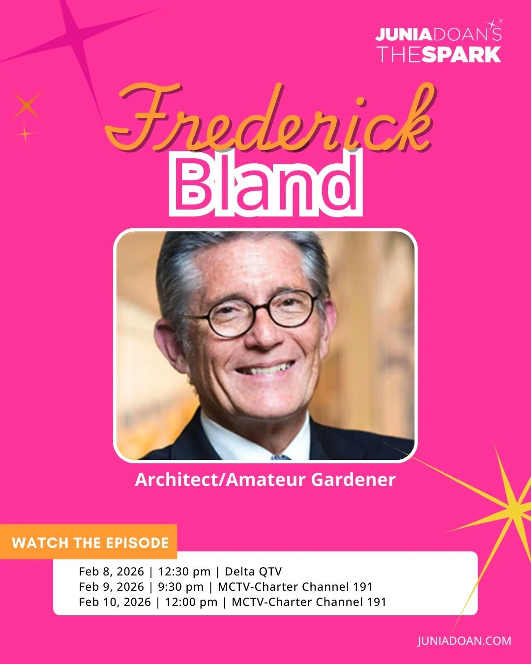 From constantly sketching to being fascinated by urban spaces, Architect and Amateur Gardener Frederick Bland always wanted to become an architect. Learn more about his childhood, career, and recent hobbies next week.

Tune in Sunday, February 8, 202