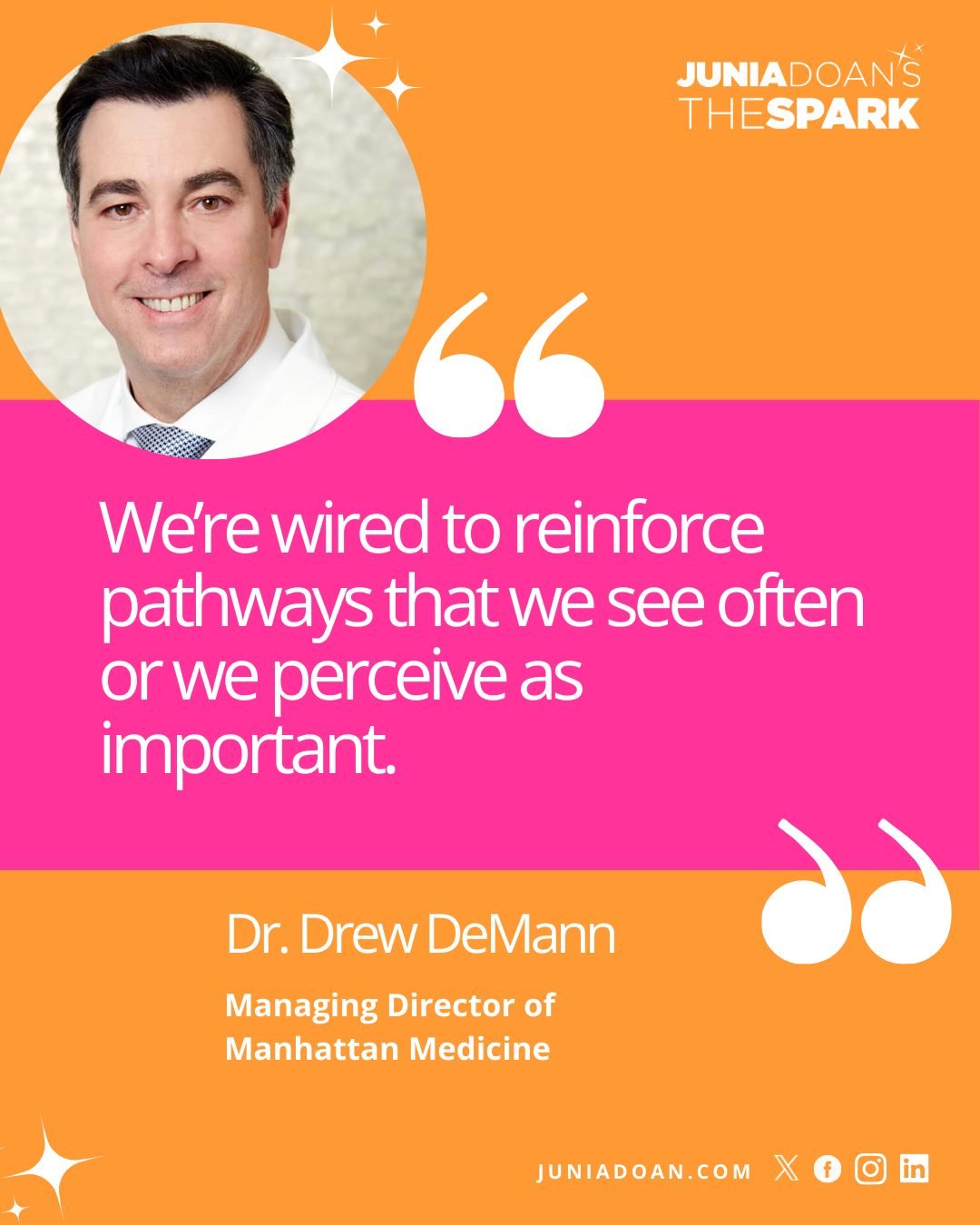 &ldquo;We&rsquo;re wired to reinforce pathways that we see often, or we perceive as important.&rdquo; Managing Director of Manhattan Medicine @dr.demann says one of the biggest challenges of reducing pain is overcoming what our bodies become accustom