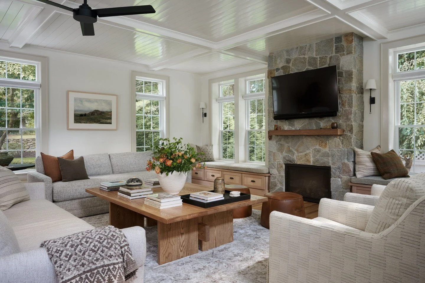 Spring has a way of bringing us all back to life! 
Natural light, fresh blooms, warm wood tones, and a stone fireplace create the perfect place to welcome the new season.

Architecture: @winslowdesignarch
Interiors &amp; Photo Styling: @beige_and_ble