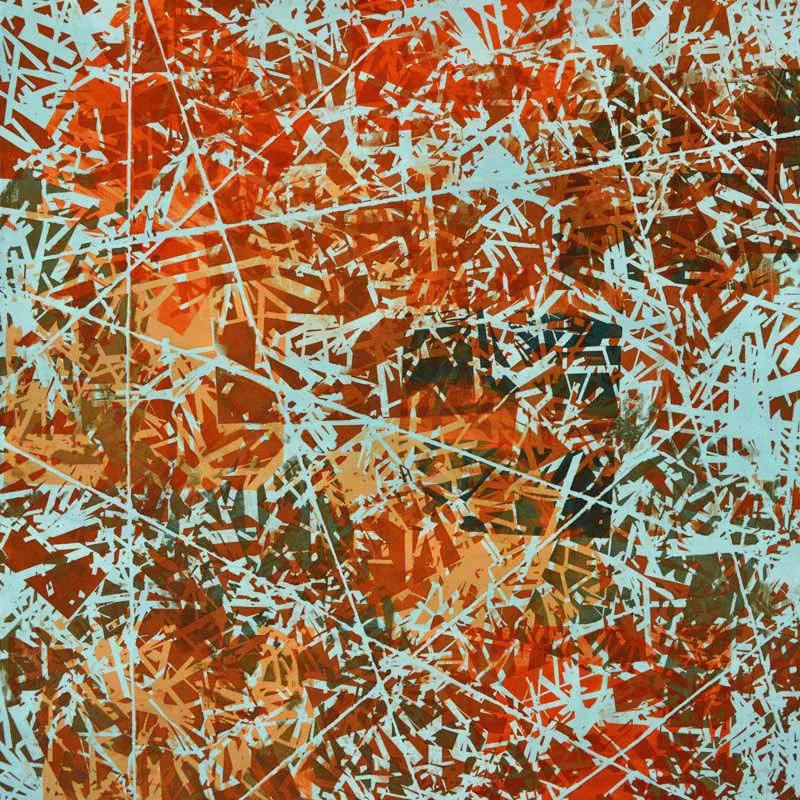 I stretched some string across the fabric and added some shredded paper. I used an open screen with rust brown and petrol green thickened dyes. The screen picked up pieces of shredded paper as I printed creating a rather chaotic pattern. I didn’t like the areas of white, unprinted fabric so used a plastic card to scrap very pale petrol green across the whole piece.