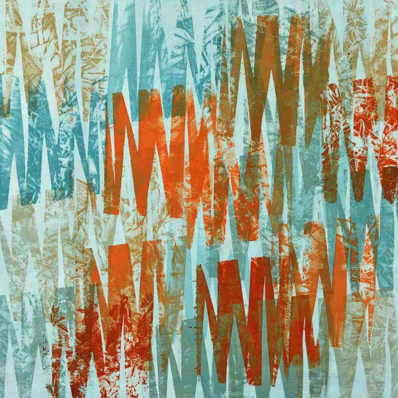 In this one I used masking tape to add a resist to my screen. I used the screen to print on top of crumpled fabric. After each print I moved the screen and carefully transferred the textured dye that had clung to the back of the screen onto this piece of fabric. Difficult to explain but a great technique. Same colours and again finished with a layer of very pale petrol green.