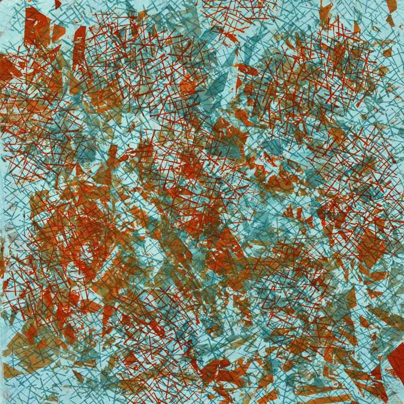 This was the piece of crumpled fabric that I printed onto. It gets a bit messy as you rearrange the fabric in-between each print. I got distracted when I was printing this and stopped too soon. There was lots of white fabric so I added a layer of intersecting lines using a thermofax screen. Same colours and same final layer.