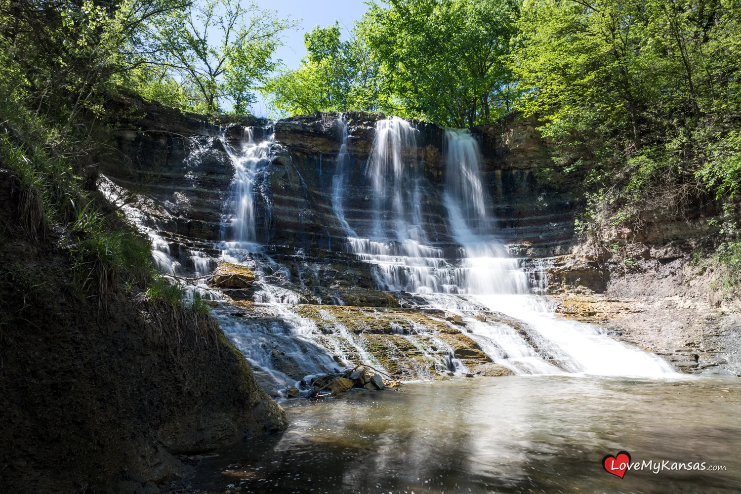 Geary County Lake Waterfall near Junction City, Kansas — 34th State