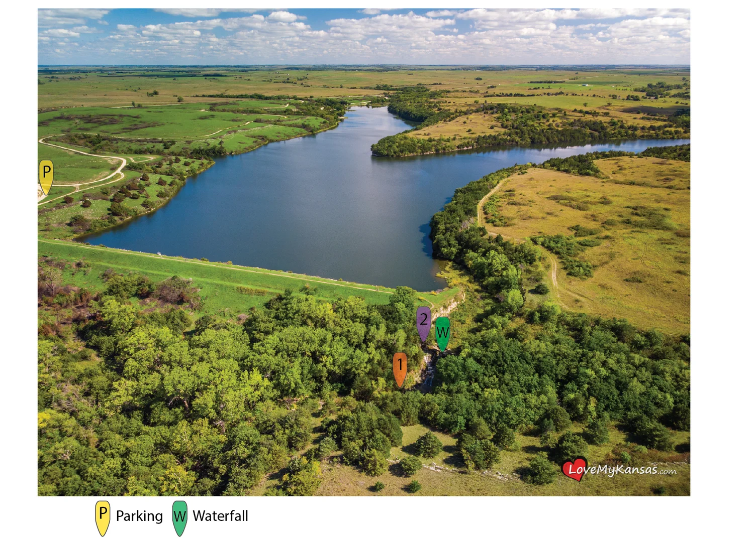 Geary County Lake Waterfall near Junction City, Kansas — 34th State