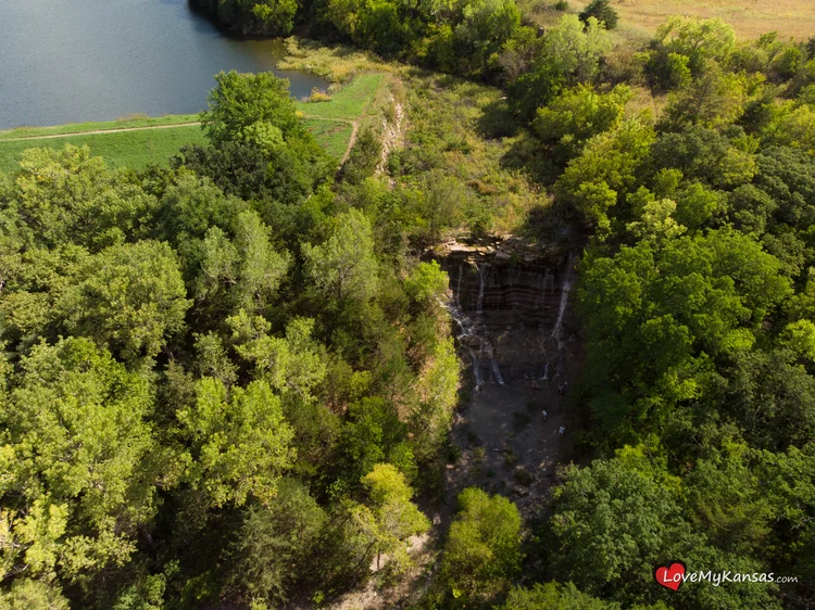 Geary County Lake Waterfall near Junction City, Kansas — 34th State