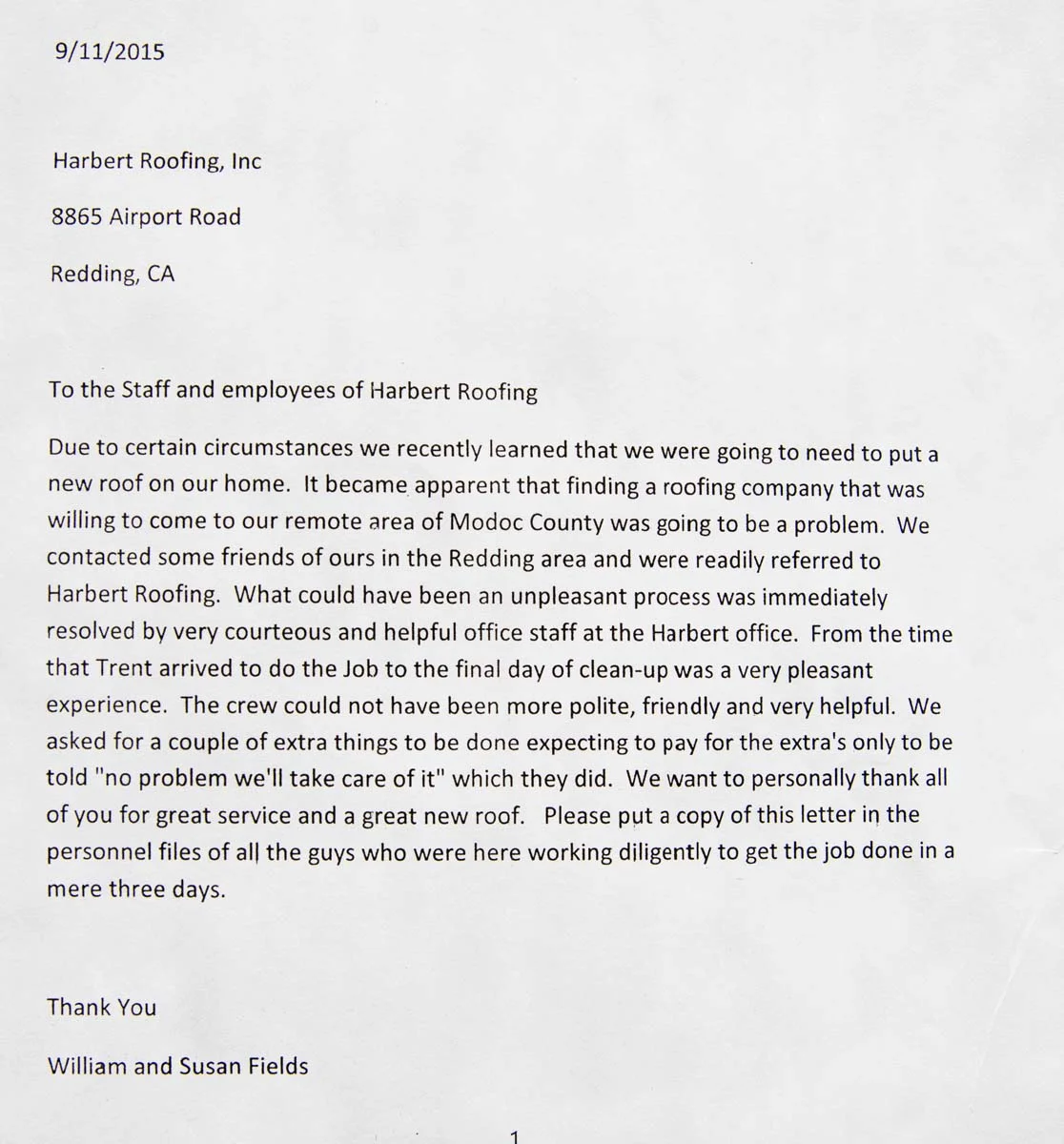 William and Susan Fields Printed Letter