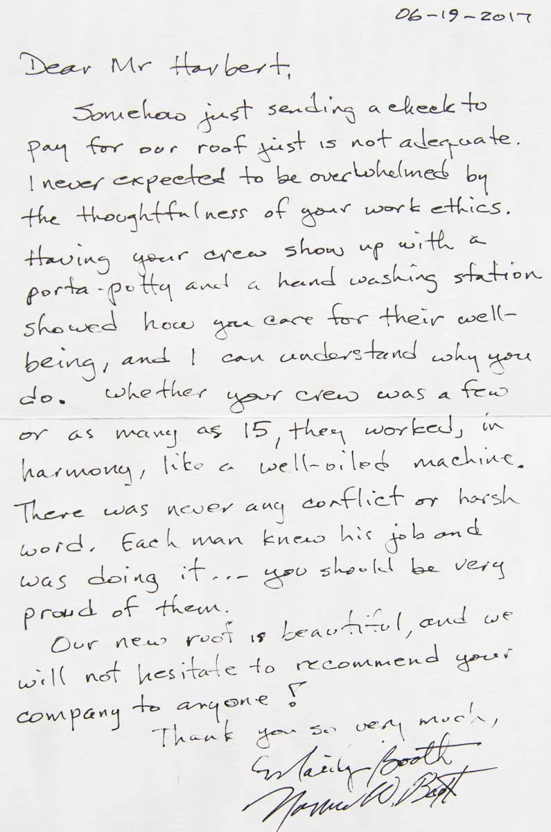 Mr. and Mrs. Booth written testimonial about roofing services