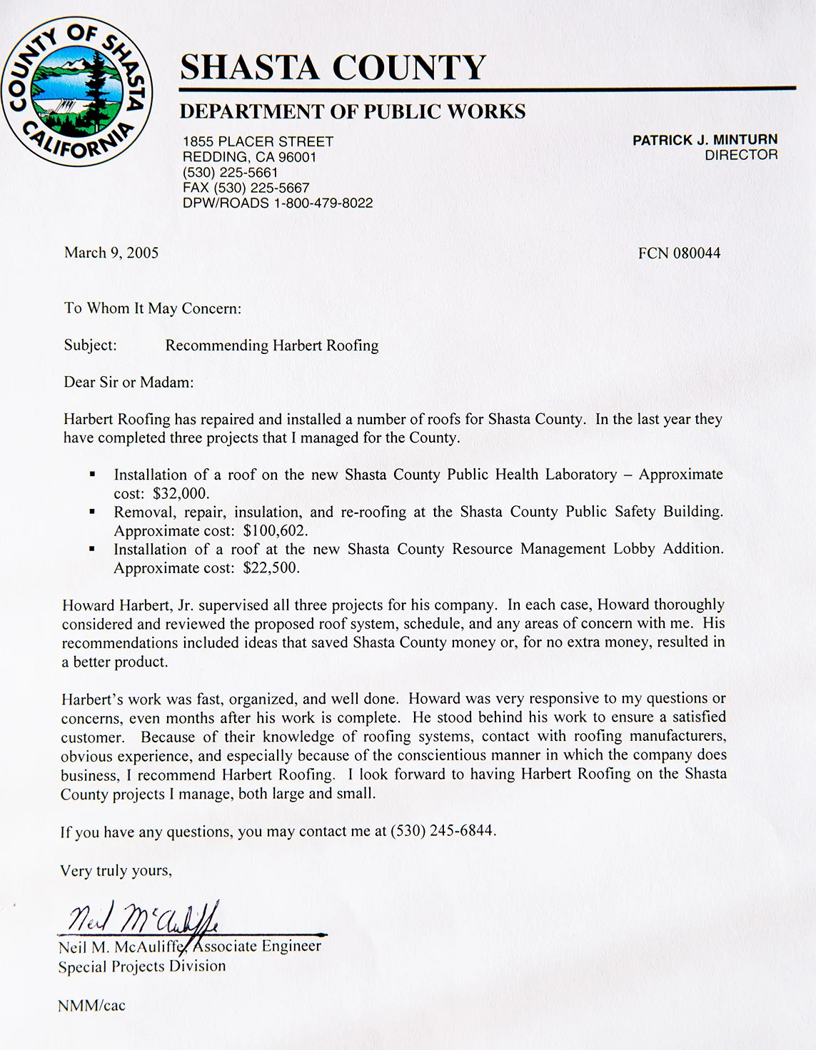 Shasta County Dept. of Public Works Testimonial Printed