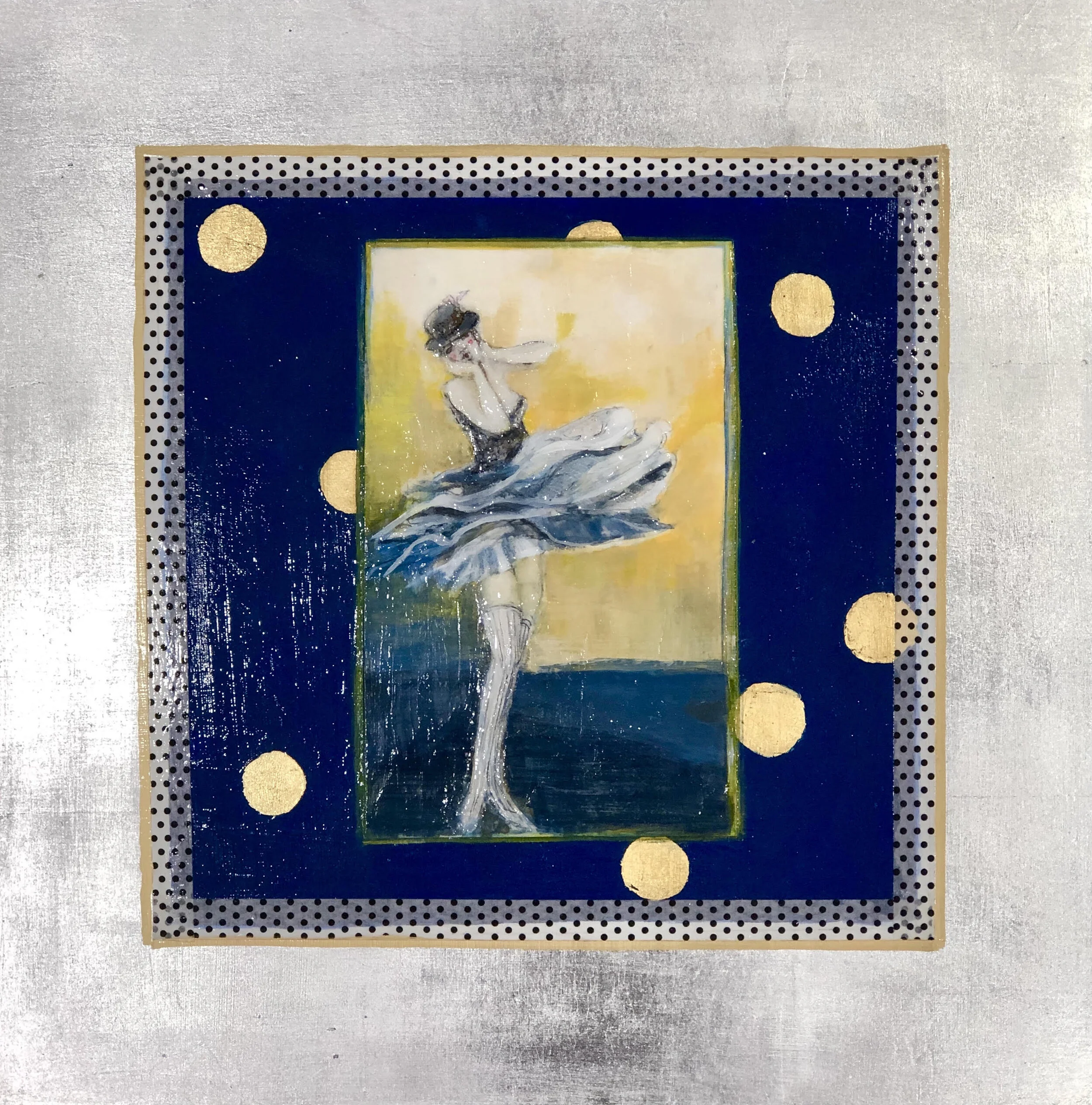 “Cirque d’ Amour V” 16 x 16” Acrylic and silver leaf on wood panel