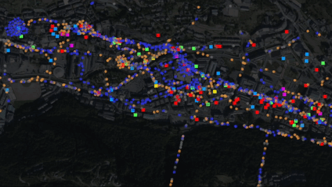Figure 9c. Agent-based visualization of Spanish-speaking (orange) and French-speaking (blue) tourists of Andorra la Vella using CDR data, Amenities, and road network data. Image: Nina Lutz