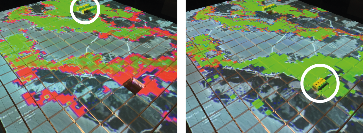 Figure 7. Delivery service areas that are more expensive to serve are colored red while areas cheaper to serve are colored green. Areas further away from a collection of distribution centers are more expensive to serve (left). A strategically located distribution center significantly reduces the cost of serving deliveries in the area (right).