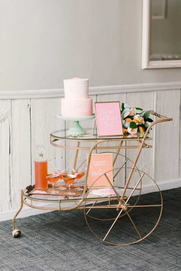 Colorful Pink & Yellow Summer Wedding Photoshoot This simply beautiful pink ombre cake was featured by the Aisle Society . Photography by Alicia King Photography