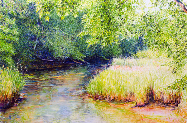 Stream by the Grist Mill, Watercolor Mounted on Canvas, 22 x 30, 2017