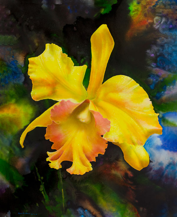 Yellow Orchid, Mounted Watercolor on Canvas, 42 x 32, 2015