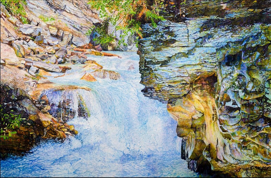 Early Summer in Johnston Canyon, Alberta Canada- Watercolor Mounted on Canvas, 32 x 48 (Copy)