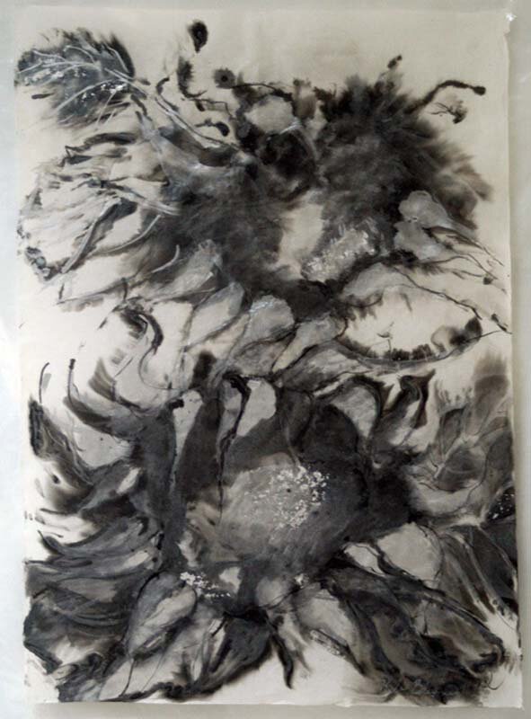 Two Sunflowers II, black and silver pearlescent ink on rice paper, 27 ¾” x 35 ¾” with frame (Copy)