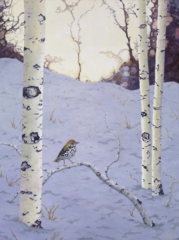 Woodthrush in Snow-40 x 30 $1500