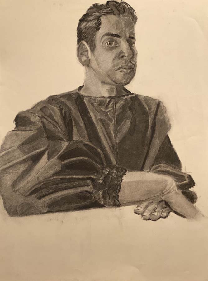 Daniel Donato-Self-portrait in Cardinal Robe 6-Charcoal on Paper-$125