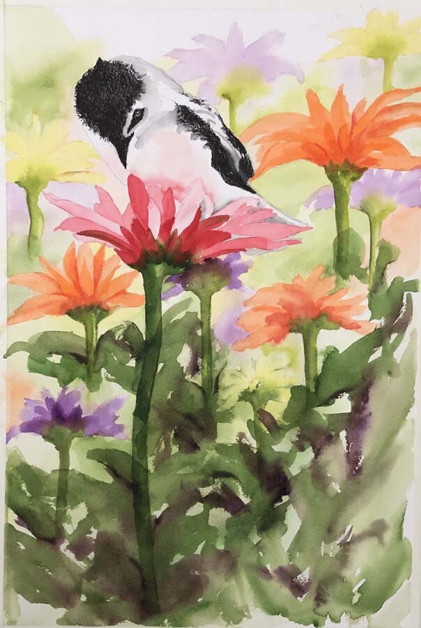 Ellen Ferrigno-Bird on a Flower-Watercolor and Ink Wash-$250
