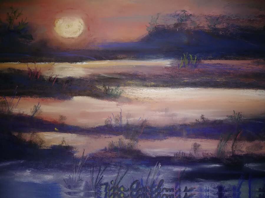Tina Anthony-Crab Meadow Marsh on the Night of the Harvest Moon-Pastel-$300