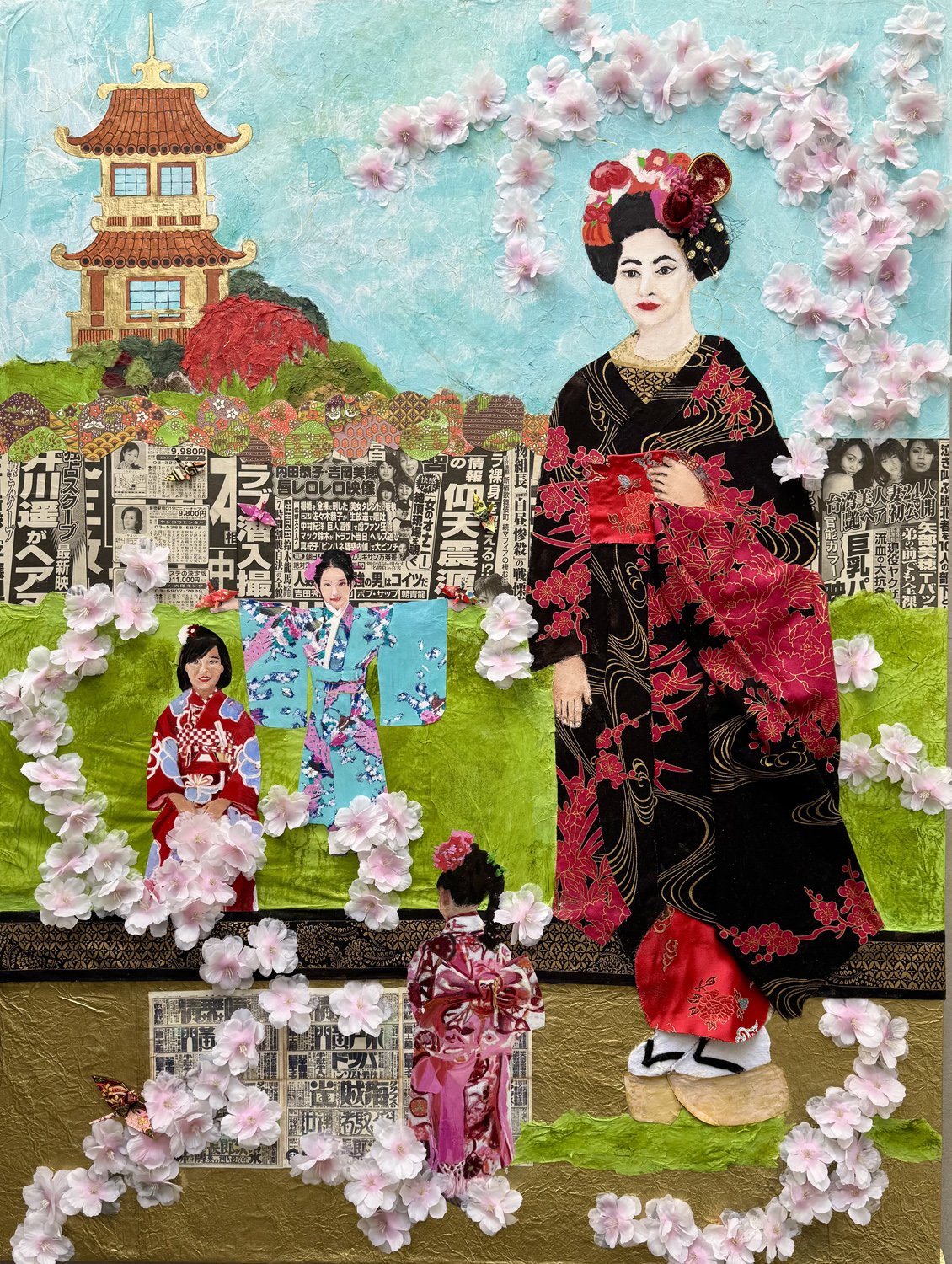 Avrel Menkes-Cherry Blossoms the Japanese Language of Flowers-Acrylic and Mixed Media on wood cradleboard