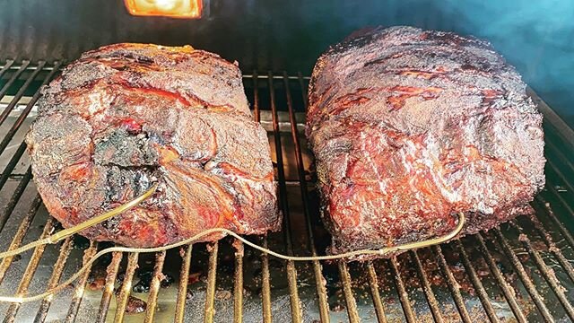 Who&rsquo;s Hungry? First look at the 2 pork shoulders that have been smoking on the @rectecgrills RT-700 overnight. Generously coated with our WheelyQ Rub. A few more hours to go, but they already look delicious! #wheelyq #barbecue #bbq #rub #porksh