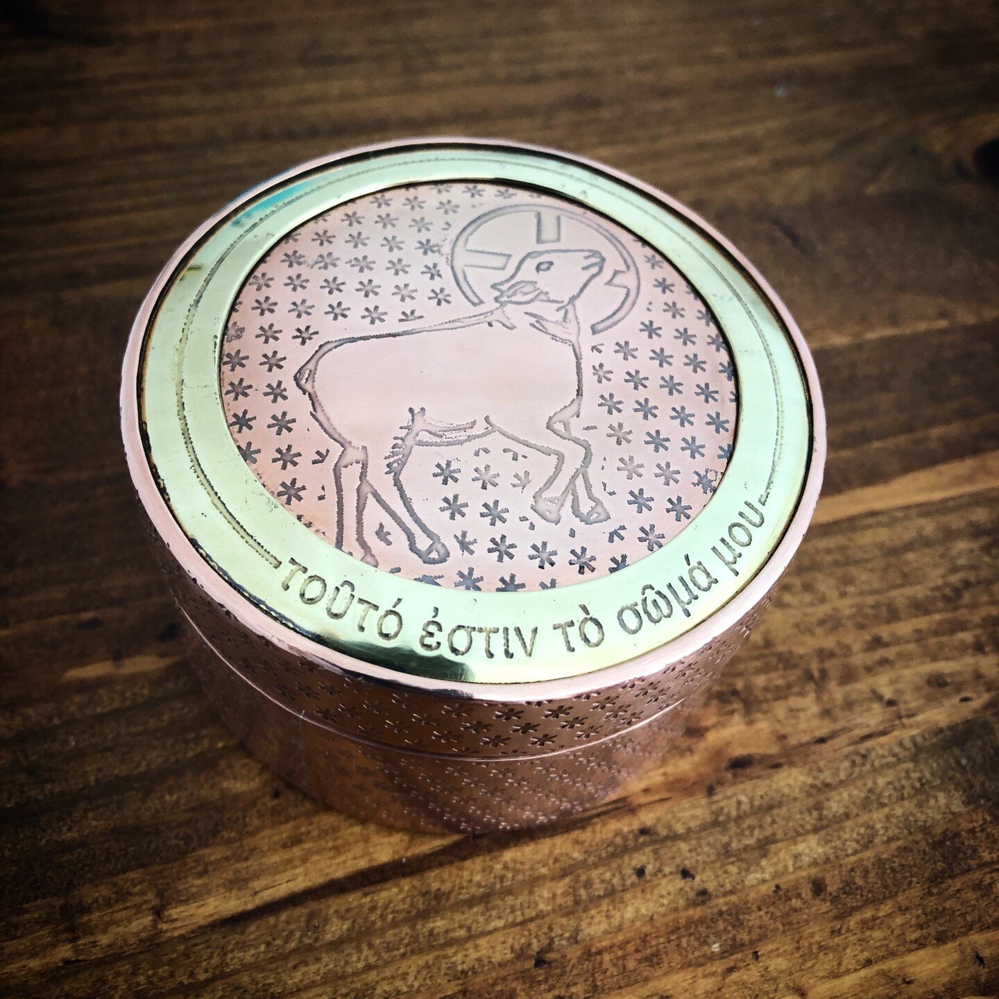 This container was commissioned by an old acquaintance who happens to be an Anglican priest. Etched on the brass halo circling the lamb is &quot;This is my body&quot; written in Greek. Thank you, @postdocdad for having me make this meaningful piece.