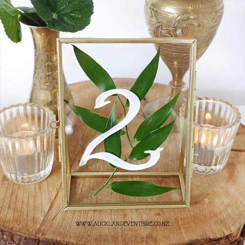 gold-brass-glass-frame-table-numbers-auckland-wedding-event-party-hire-rent