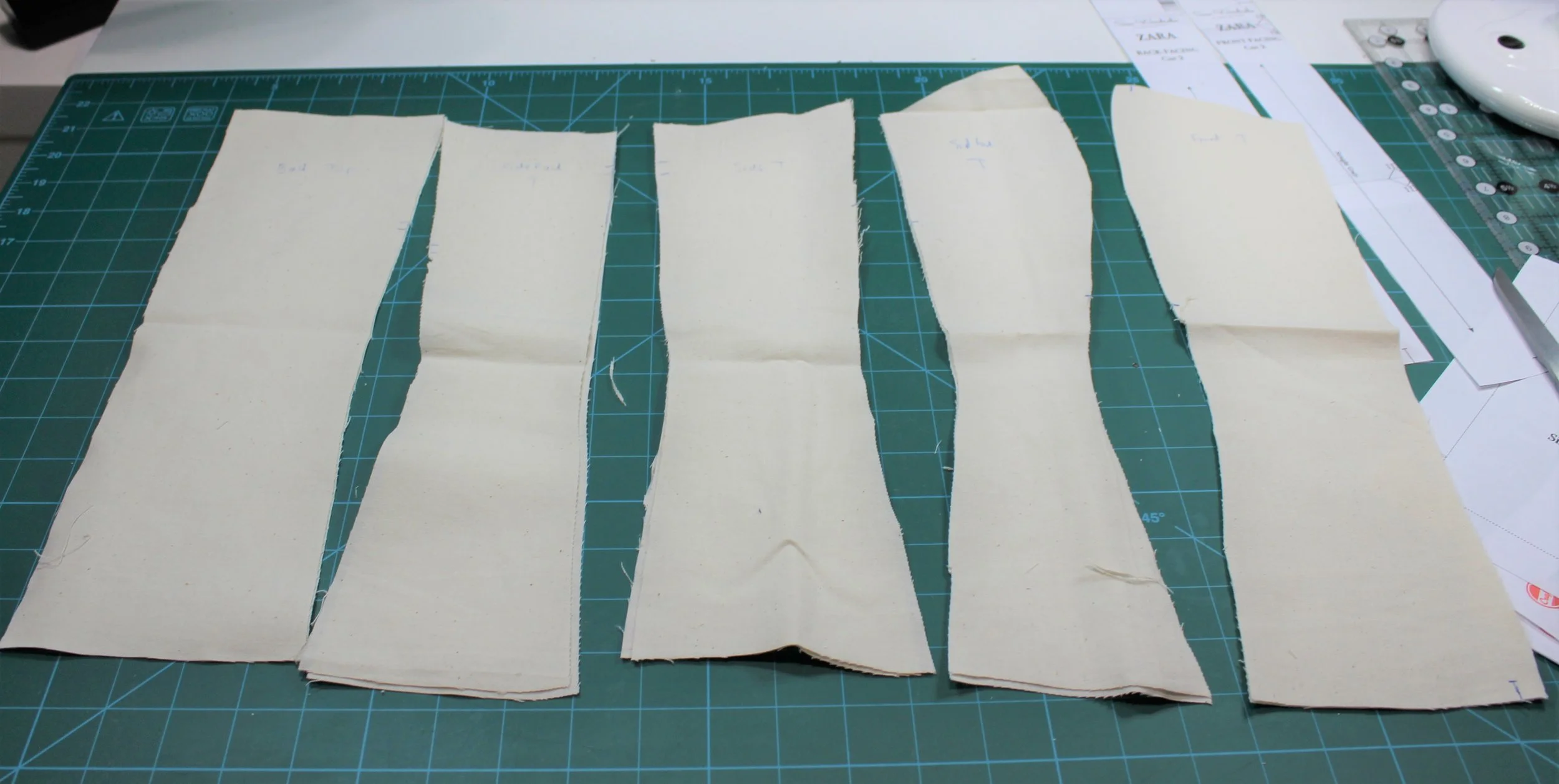 All the pattern pieces cut in a stiff calico and labelled including marking top.