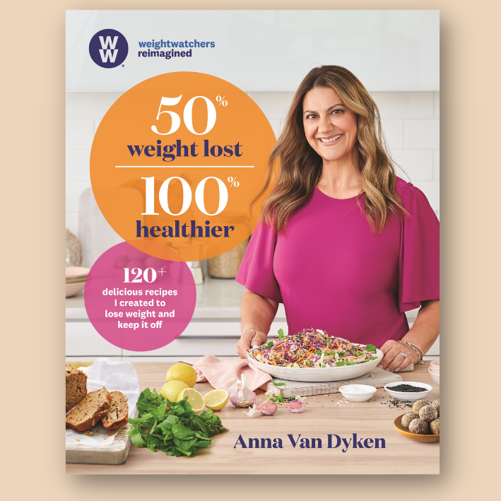 Magazine cover featuring a woman in a pink shirt holding a bowl of salad. Text: 'WW weight watchers reimagined. 50% weight lost, 100% healthier. 120+ delicious recipes I created to lose weight and keep it off.' The name Anna Van Dyken is displayed at