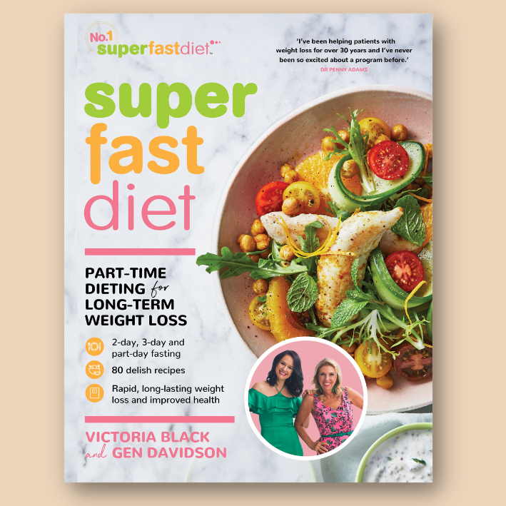Cover of 'Super Fast Diet' book by Victoria Black and Gen Davidson, featuring healthy salad, dieting tips, and author photos.