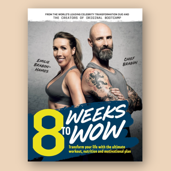 Cover of a fitness book titled '8 Weeks to Wow,' featuring a man and woman in workout gear. Includes text about transforming your life with workout, nutrition, and motivational plans.