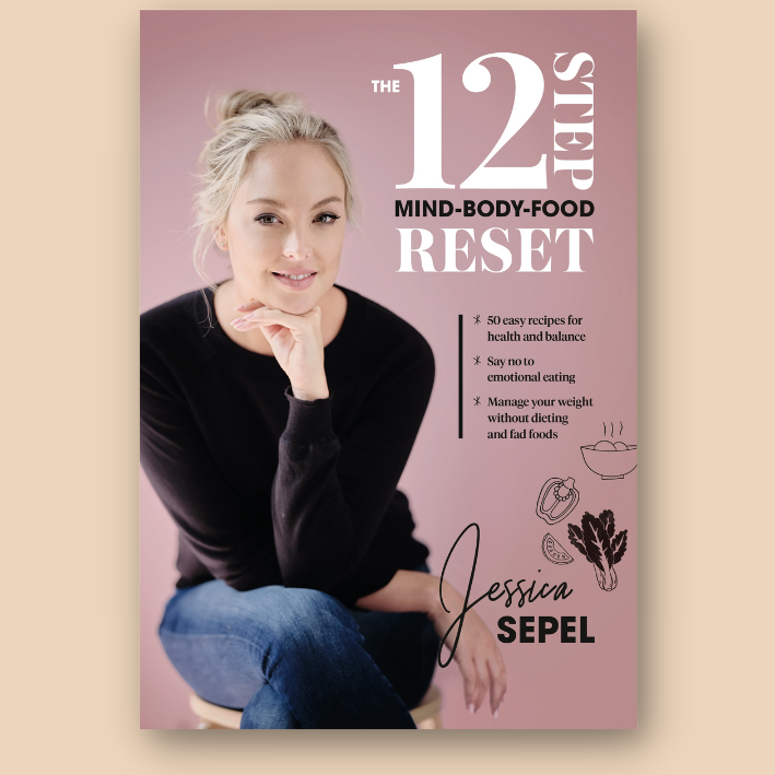 Woman on book cover titled 'The 12 Step Mind-Body-Food Reset' by Jessica Sepel, featuring tips for health balance, emotional eating, and weight management.